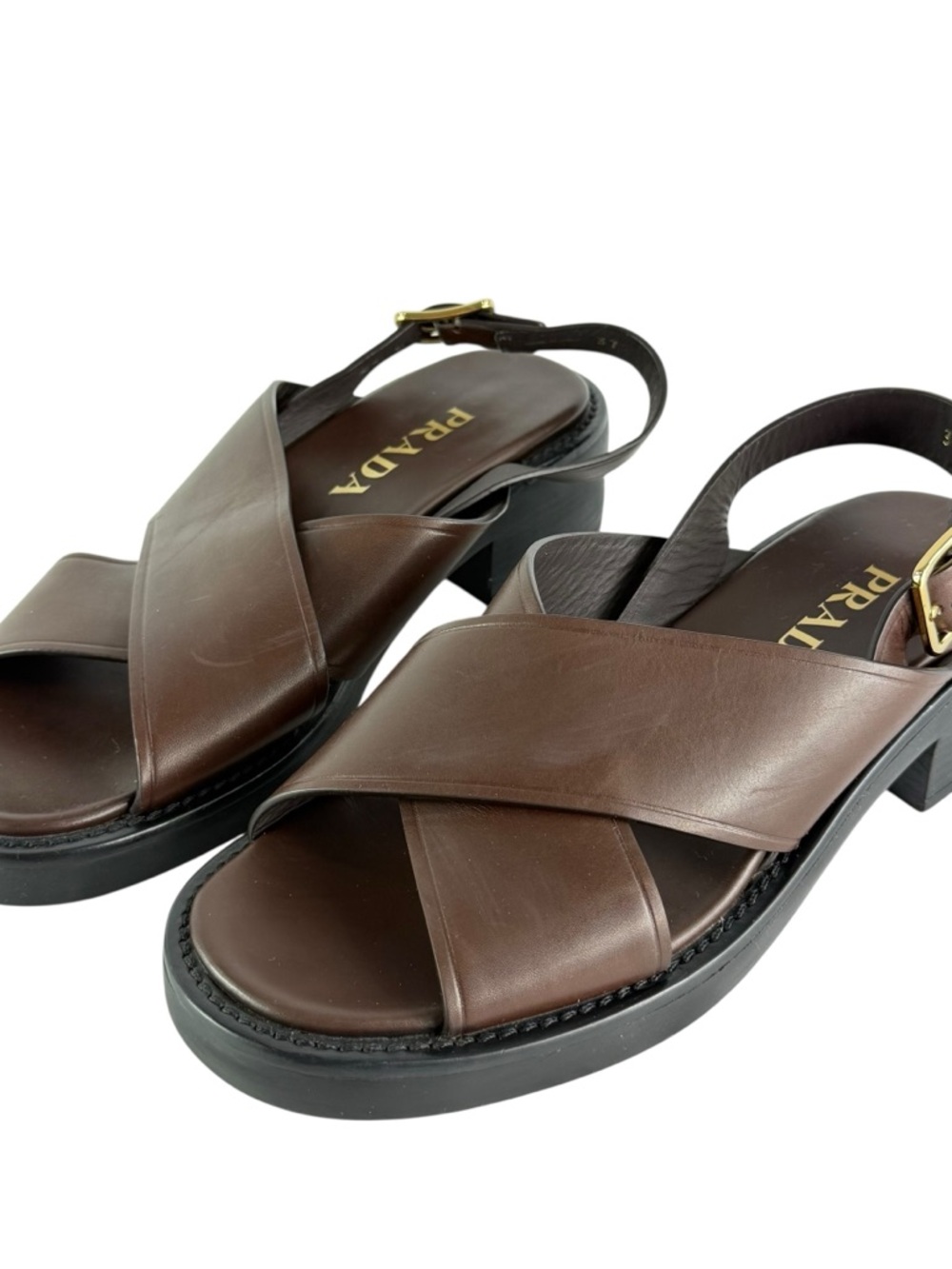 PRADA Brown Sandali Block Crisscross Slingback Sandals 37 - 7 US Made in Italy - Picture 3 of 12